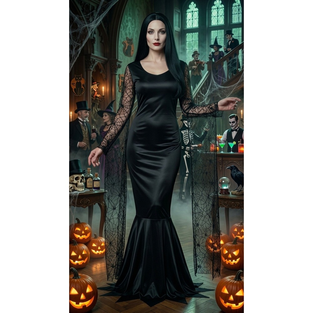 Addams Family Morticia Costume Womens Small Black Lace Spiderweb Dress Rubie's